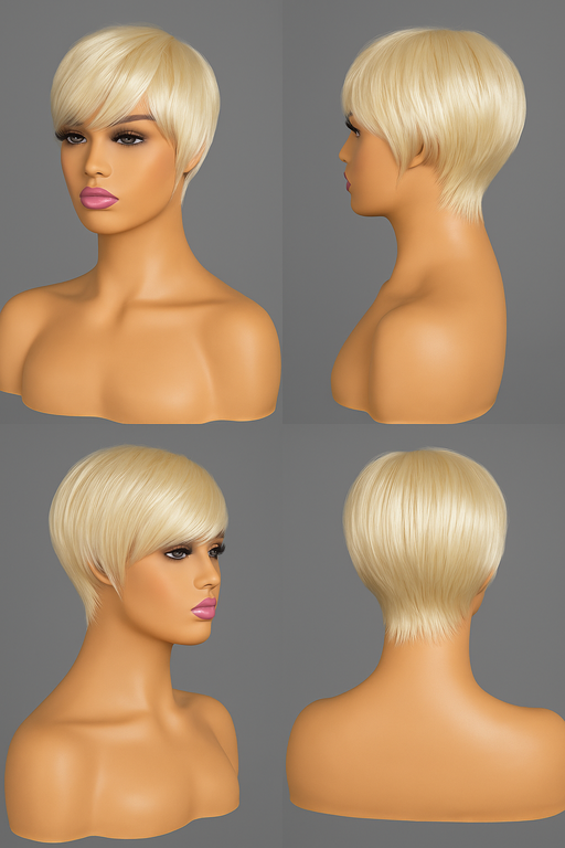 blonde pixie cut wig on mannequin
