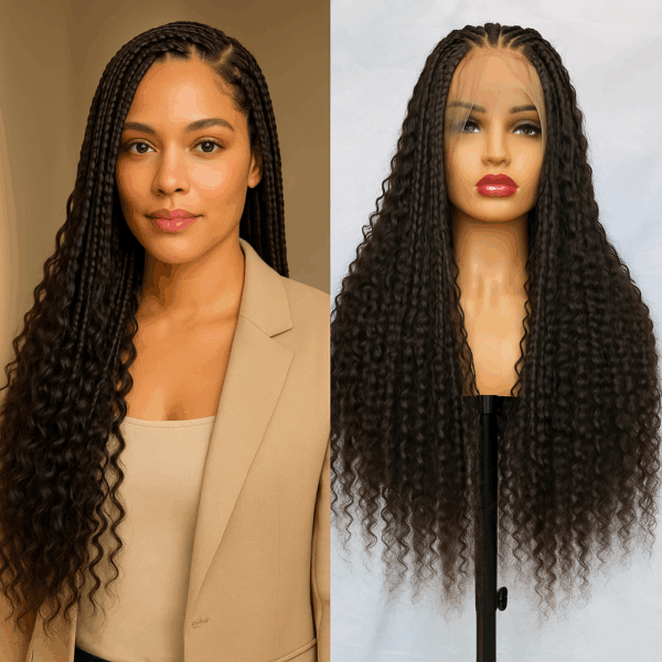Human Hair Boho Braid Wigs: HD Curly Goddess Box Braided Water Wave Hair 36" Full Lace Knotless Wig