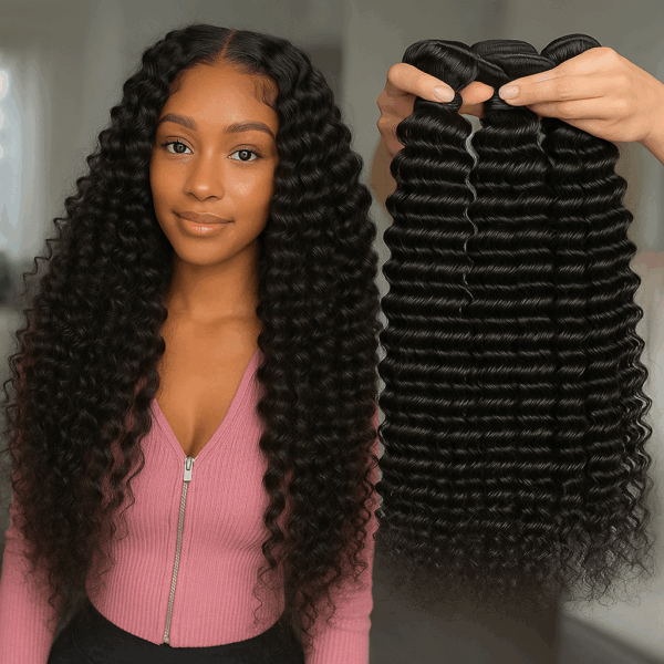 Human Hair Deep Wave Bundles 1/3/4 PCS: 100% Brazilian Remy Hair Extensions Natural/Jet Black 8-30" Premium Weave