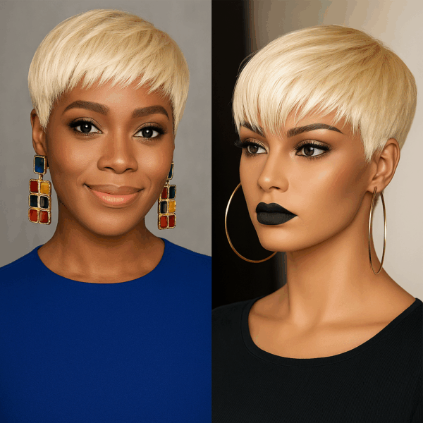 Bun Bun Short Blonde Pixie Cut Wig Human Hair: 613 Color 6" Remy Hair Wig 150% Density