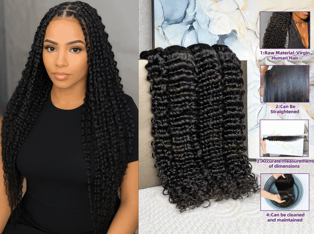 Bun Bun Human Braiding Hair Deep Wave – 100% Brazilian Luxury Hair Extensions, Natural Color, 10-40 Inch Bulk Hair for Braids & Twists
